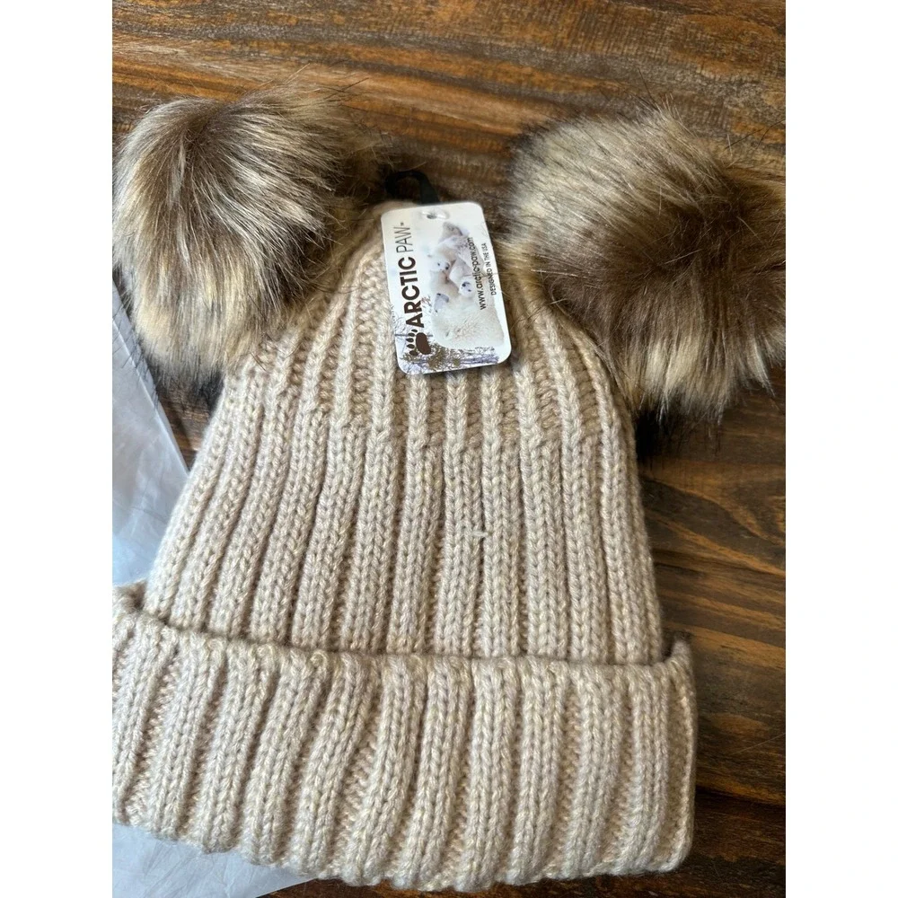 Arctic Paw Women Beige Double Pom Pom Beanie Fleece Lined Ribbed Knit Winter Hat